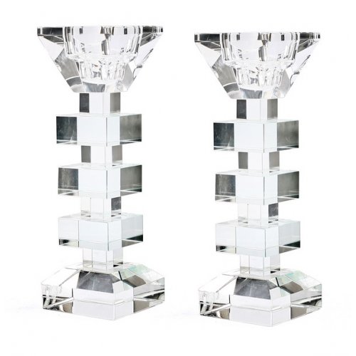 Crystal Glass Shabbat Candlesticks - Geometric Step Design for the Stem