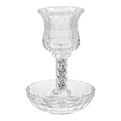 Crystal Glass Stem Kiddush Cup and Saucer - Decorative Crushed Dark Stones