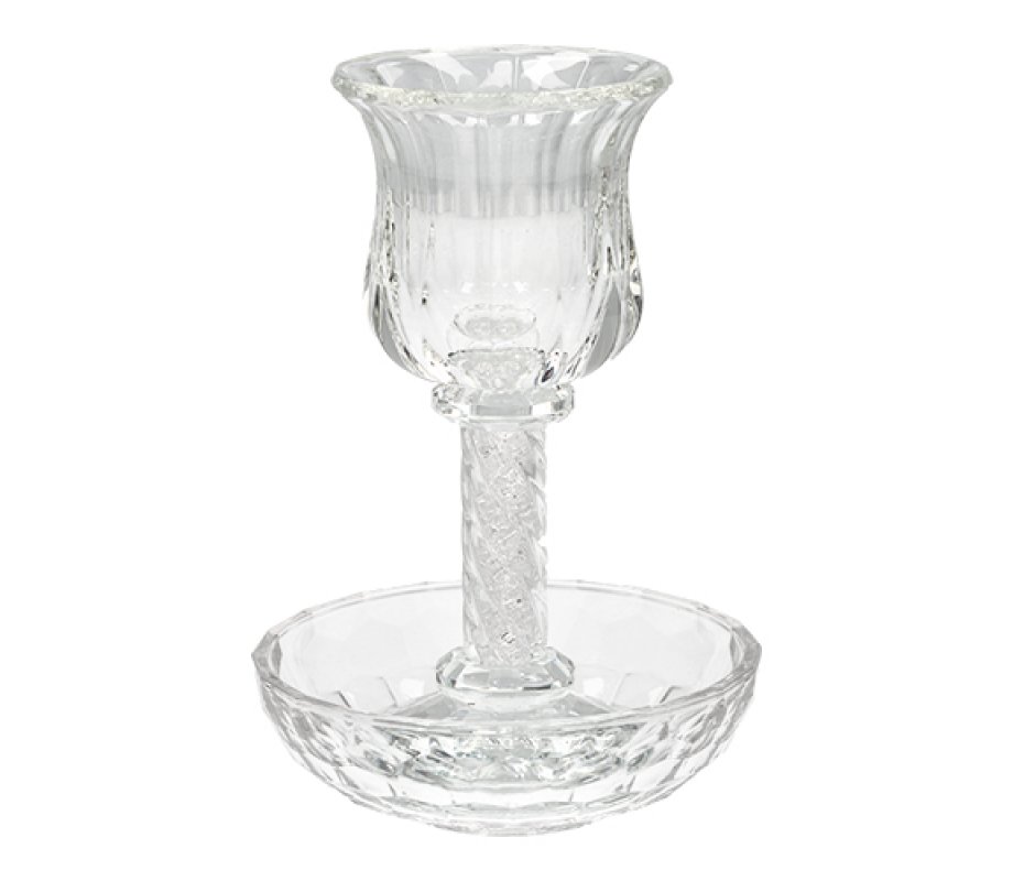 Crystal Glass Stem Kiddush Cup and Tray - Decorative Crushed Clear Stones