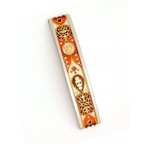 Curved Pewter Mezuzah Case in Autumn Shades by Ester Shahaf