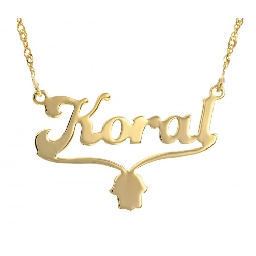 Custom English Name Necklace with Hamsa 18K Gold Plated Cursive Letters