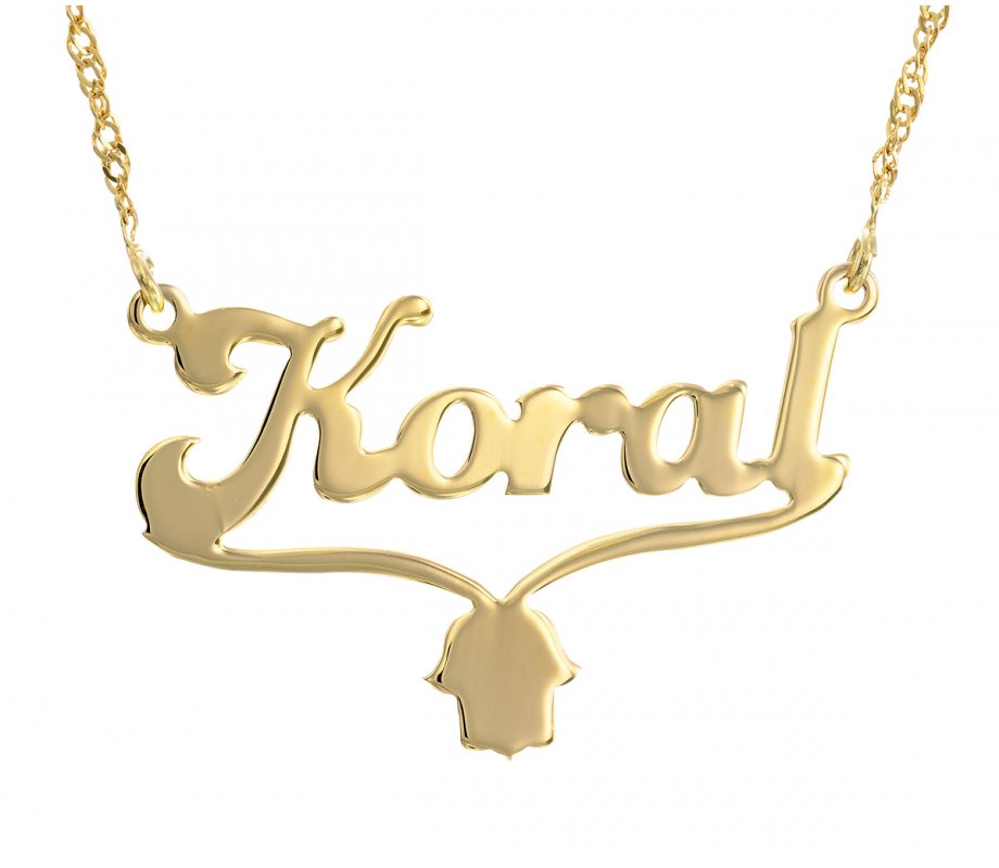 Custom English Name Necklace with Hamsa 18K Gold Plated Cursive Letters