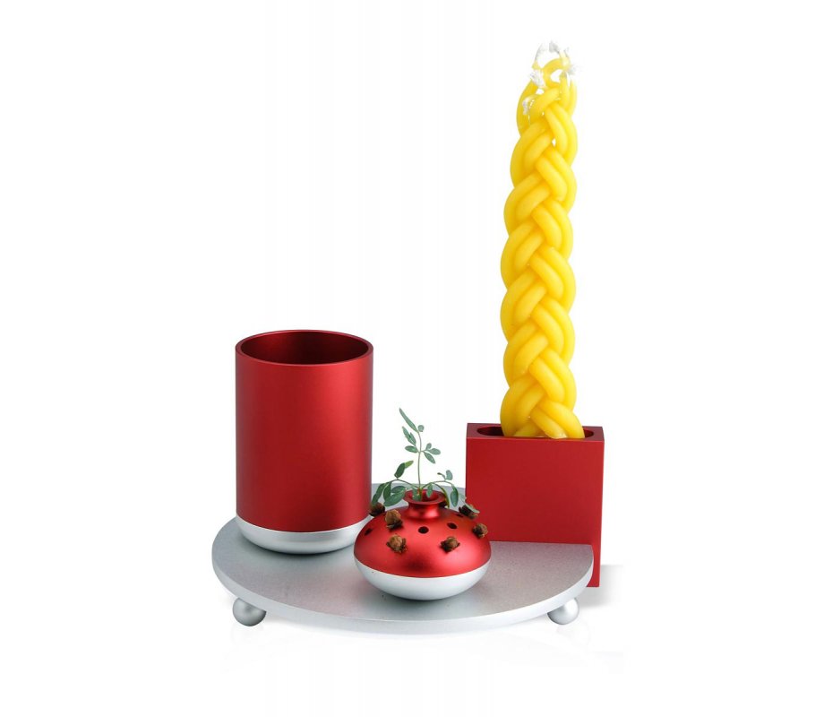 Dabbah Judaica 4-Piece Anodized Aluminum Havdalah Set - Red and Silver