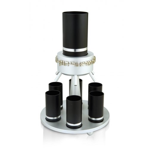 Dabbah Judaica Anodized Aluminum Wine Fountain Silver Line 6 Cups - Black