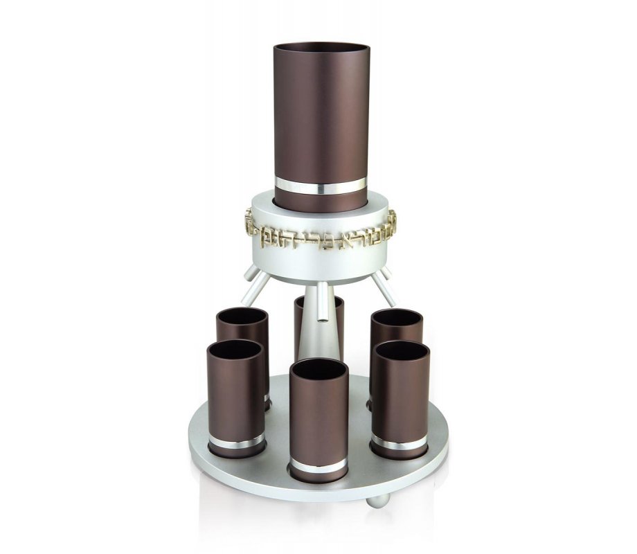Dabbah Judaica Anodized Aluminum Wine Fountain Silver Line 6 Cups - Gray