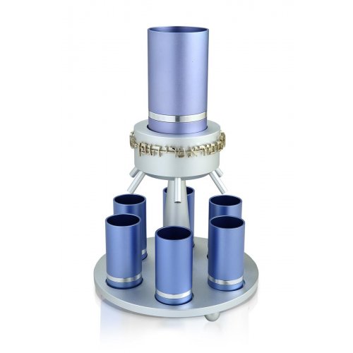 Dabbah Judaica Anodized Aluminum Wine Fountain Silver Line 6 Cups - Light Blue