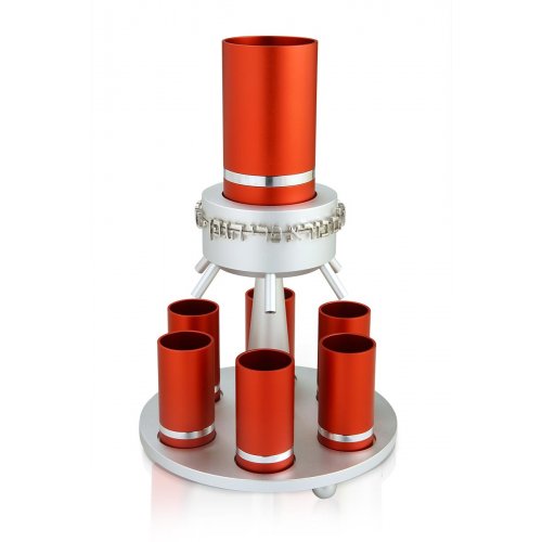 Dabbah Judaica Anodized Aluminum Wine Fountain Silver Line 6 Cups - Red