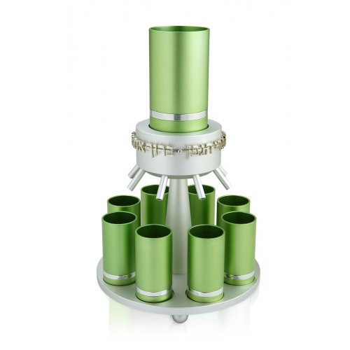 Dabbah Judaica Anodized Aluminum Wine Fountain Silver Line 8 Cups - Green