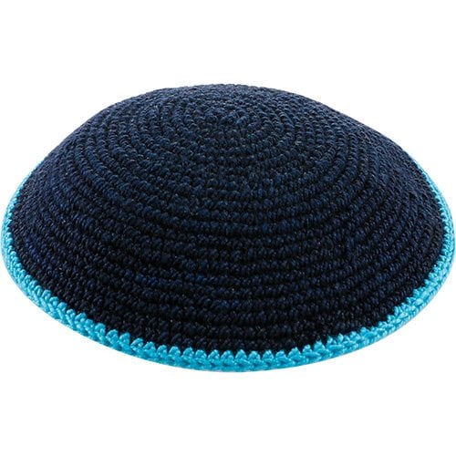 Dark Blue DMC Knitted Kippah with Light Blue Border - Various Sizes