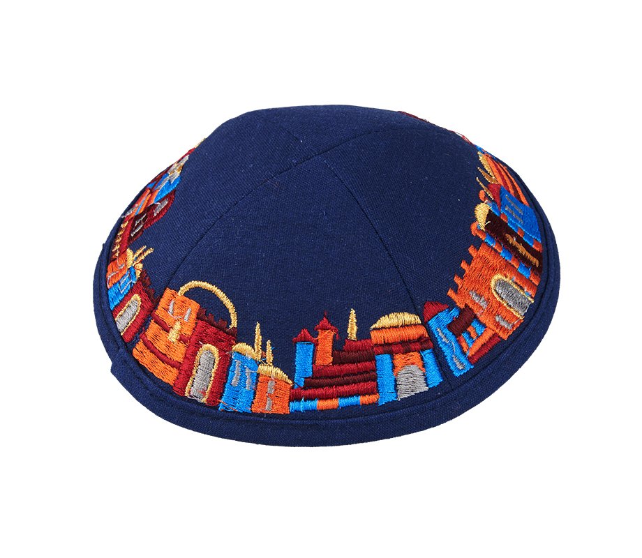 Dark Blue Fabric Kippah with Embroidered Jerusalem Design - Hidden Clip Inside