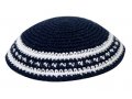 Dark Blue Knitted Cotton Kippah with Blue and White Striped Border