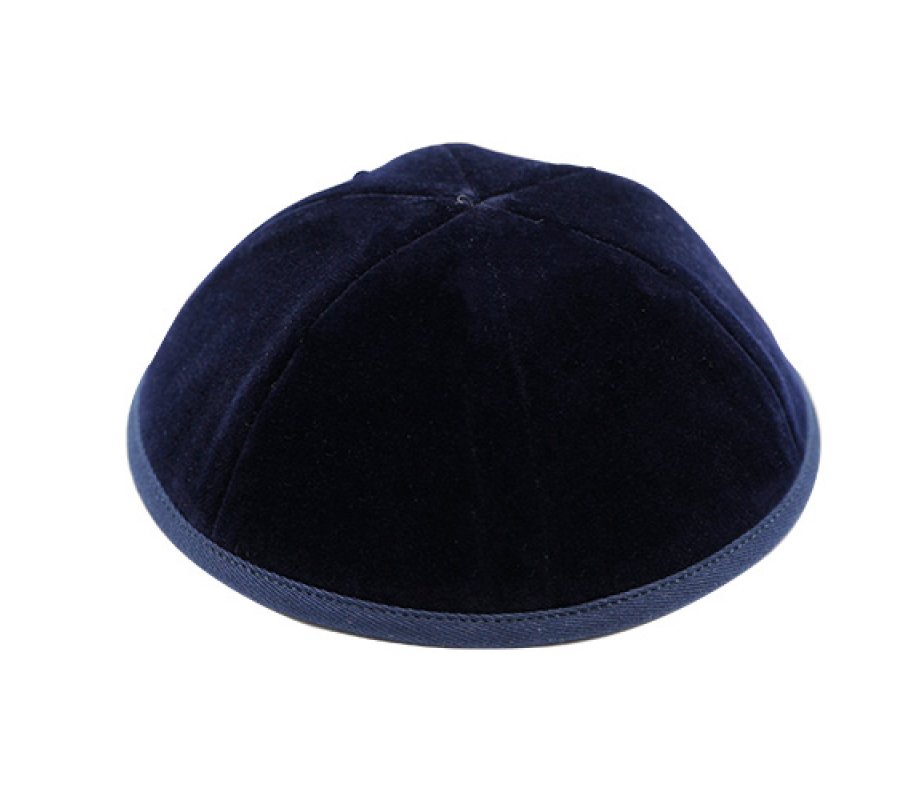 Dark Blue Velvet Kippah with Ribbon Border - 6 Sections