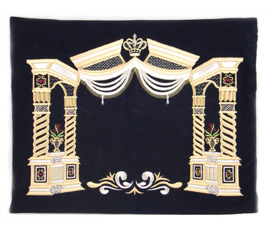 Dark Blue Velvet Tallit & Tefillin Bags - Gold Vilna Pillars