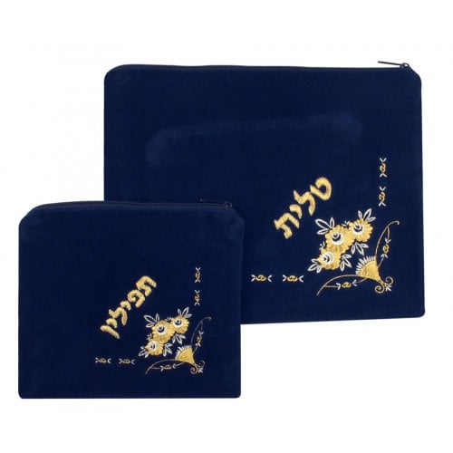 Dark Blue Velvet Tallit & Tefillin Bags Flowers design