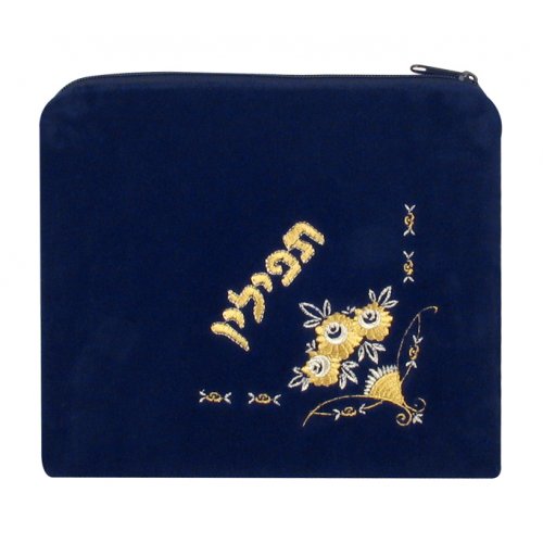 Dark Blue Velvet Tallit & Tefillin Bags Flowers design