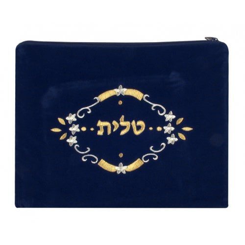 Dark Blue Velvet Tallit & Tefillin Bags-flower design