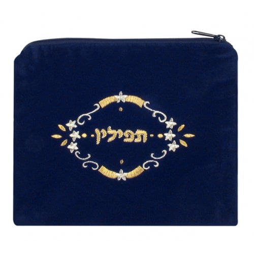 Dark Blue Velvet Tallit & Tefillin Bags-flower design