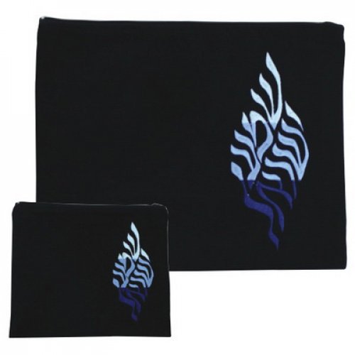 Dark Blue Velvet Tallit and Tefillin Bag Set - Embroidered Shema Yisrael
