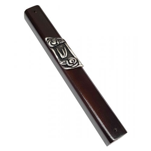 Dark Brown Wood Mezuzah Case, Decorative Silver Pewter Plaque with Shin