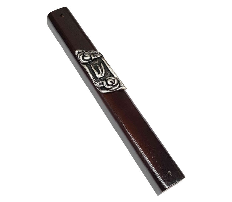 Dark Brown Wood Mezuzah Case, Decorative Silver Pewter Plaque with Shin