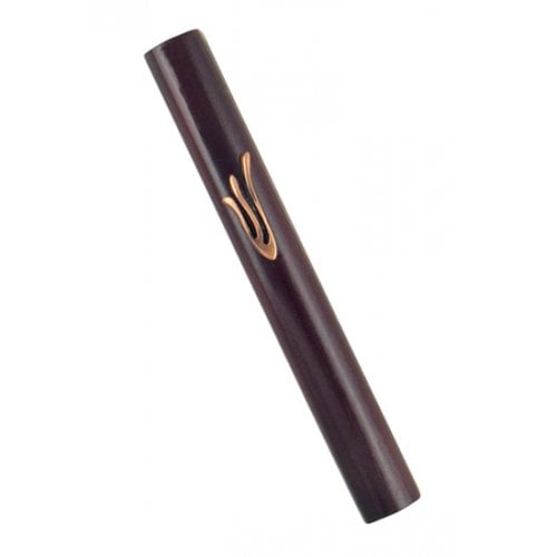 Dark Brown Wood Rounded Mezuzah Case with Bronze Pewter Flame Shaped 