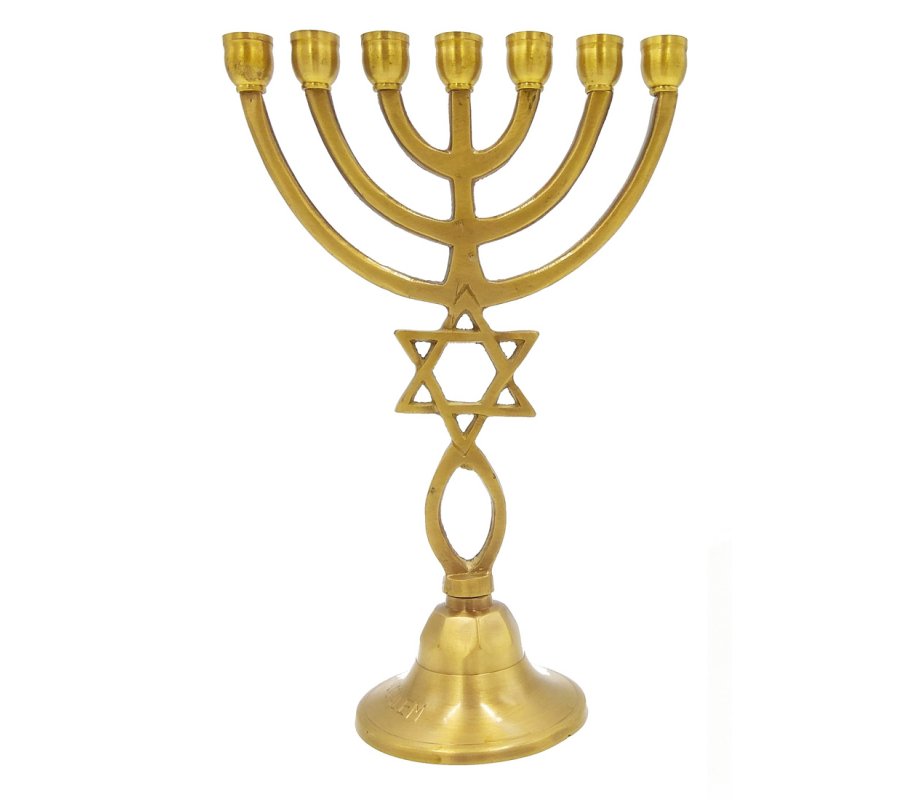 Dark Gold Brass 7-Branch Menorah with Star of David and Grafted In Symbol – 9