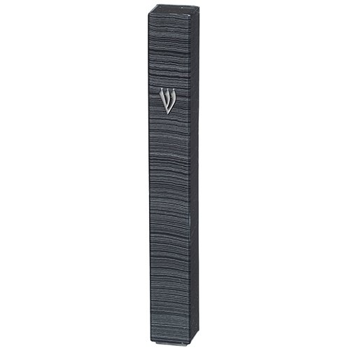 Dark Gray Plastic Mezuzah Case with Fine Gray Stripes, Silver Shin  Three Sizes