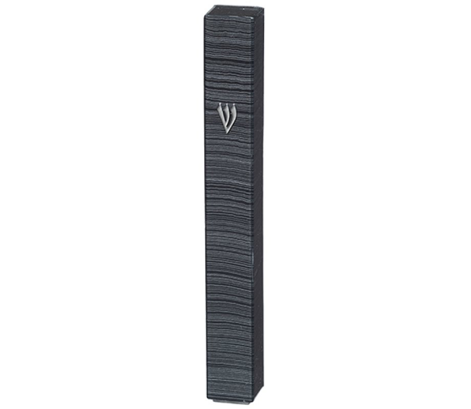 Dark Gray Plastic Mezuzah Case with Fine Gray Stripes, Silver Shin – Three Sizes