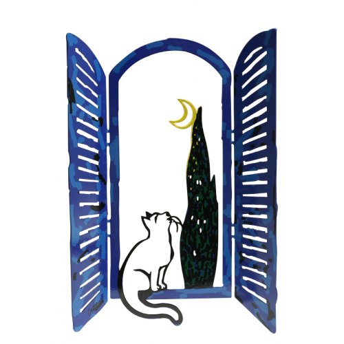 David Gerstein Free Standing Open Window Sculpture - Cat Moon and Tree