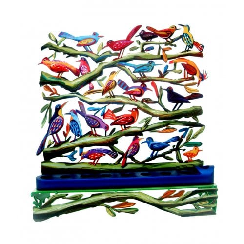 David Gerstein Laser Cut Metal Colorful Chanukah Menorah - Fluttering Birds