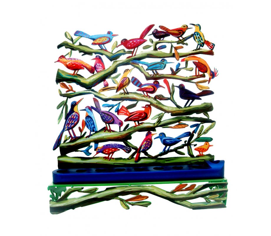 David Gerstein Laser Cut Metal Colorful Chanukah Menorah - Fluttering Birds