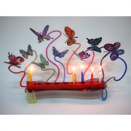 David Gerstein Laser Cut Metal Colorful Chanukah Menorah - Fluttering Butterflies