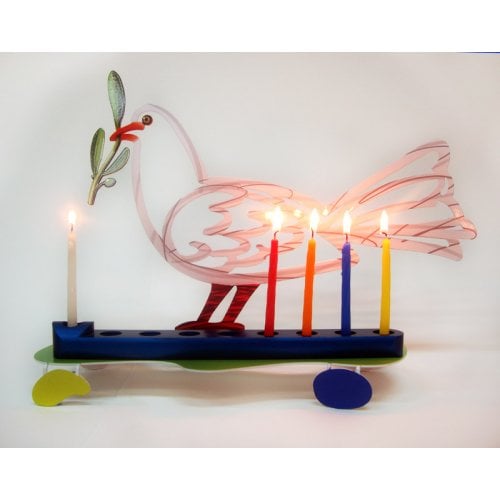 David Gerstein Laser Cut Metal White and Blue Hanukkah Menorah - Peace Dove