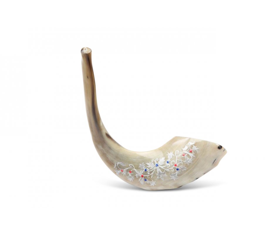 Decorated Hand Painted Ram's Horn Shofar Decorative Leaf Design