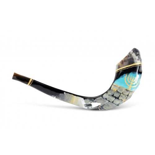 Decorated Hand Painted Ram's Horn Shofar Western Wall Menorah Design