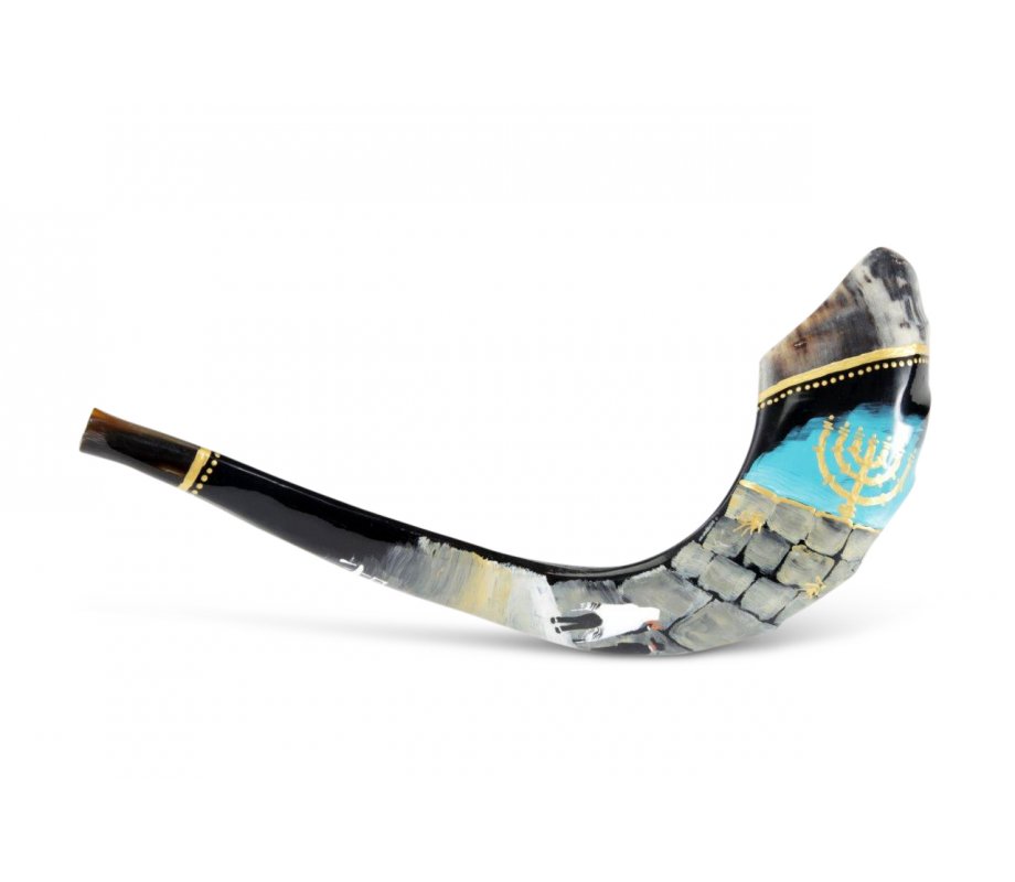 Decorated Hand Painted Ram's Horn Shofar Western Wall Menorah Design