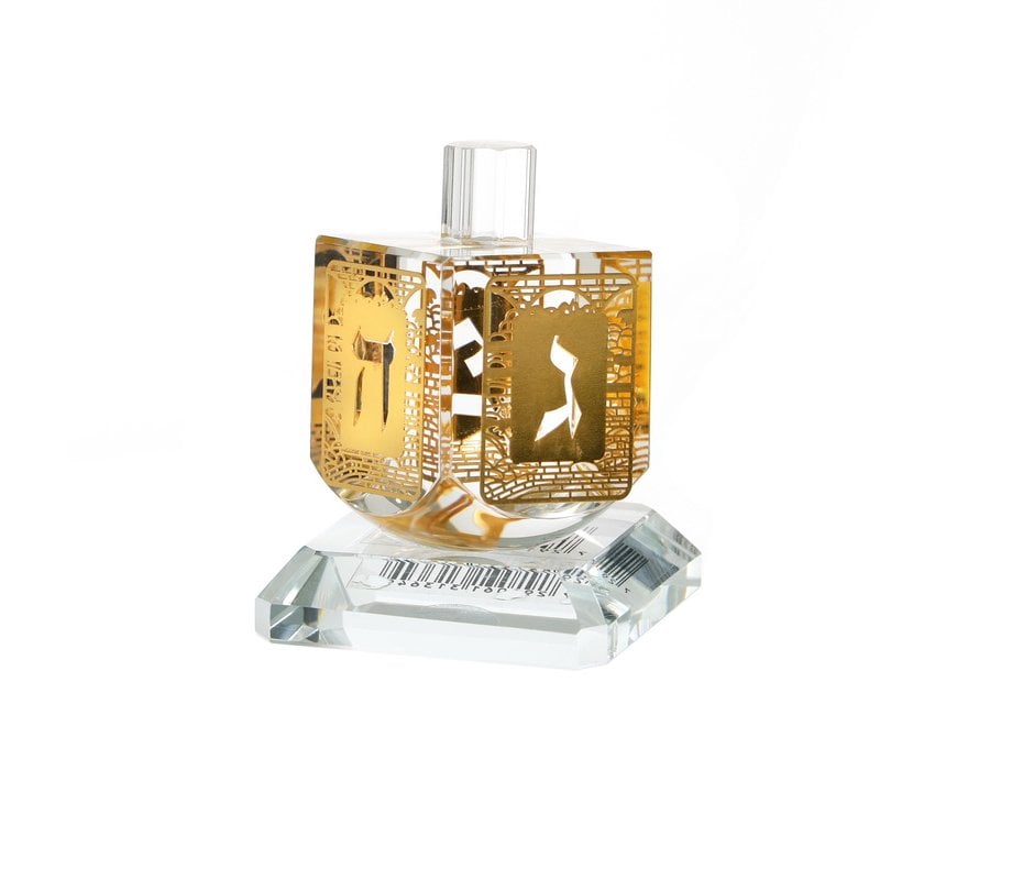 Decorative Crystal NO-FALL DREIDEL on Base, Cut Out Hebrew Letters – Gold