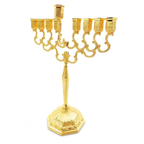 Decorative Gold Chanukah Menorah, Filigree Design - 12.2 Inches Height