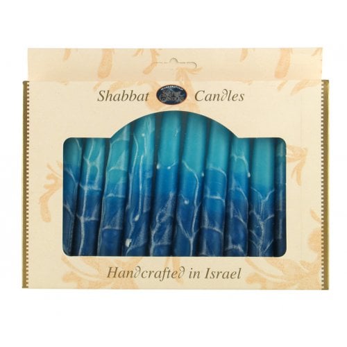 Decorative Handmade Galilee Shabbat Candles - Blue and Turquoise with Streaks