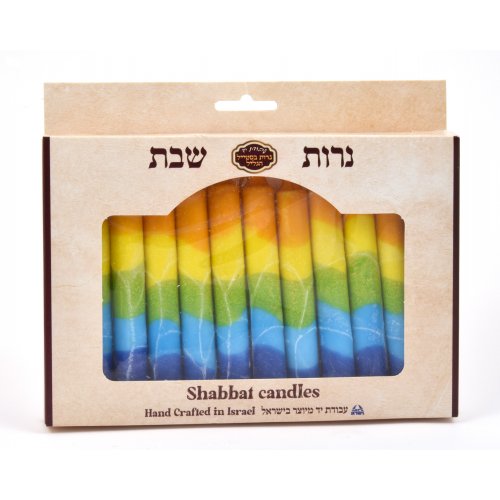 Decorative Handmade Galilee Shabbat Candles - Green, Yellow and Orange