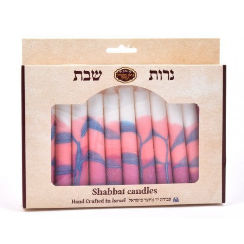 Decorative Handmade Galilee Shabbat Candles - Pink, Gray and White with Streaks