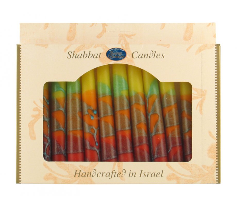 Decorative Handmade Galilee Shabbat Candles - Red, Green and Yellow with Streaks