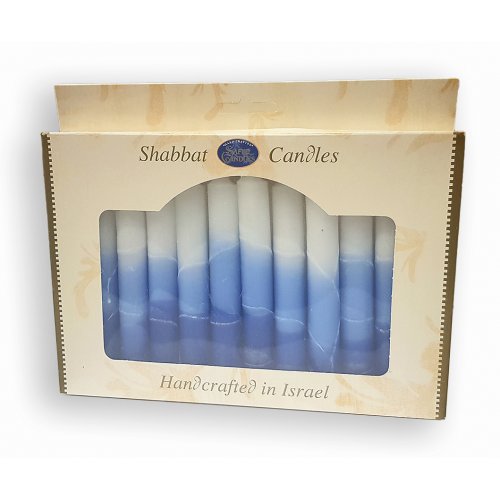 Decorative Handmade Galilee Shabbat Candles - White and Blues with Streaks