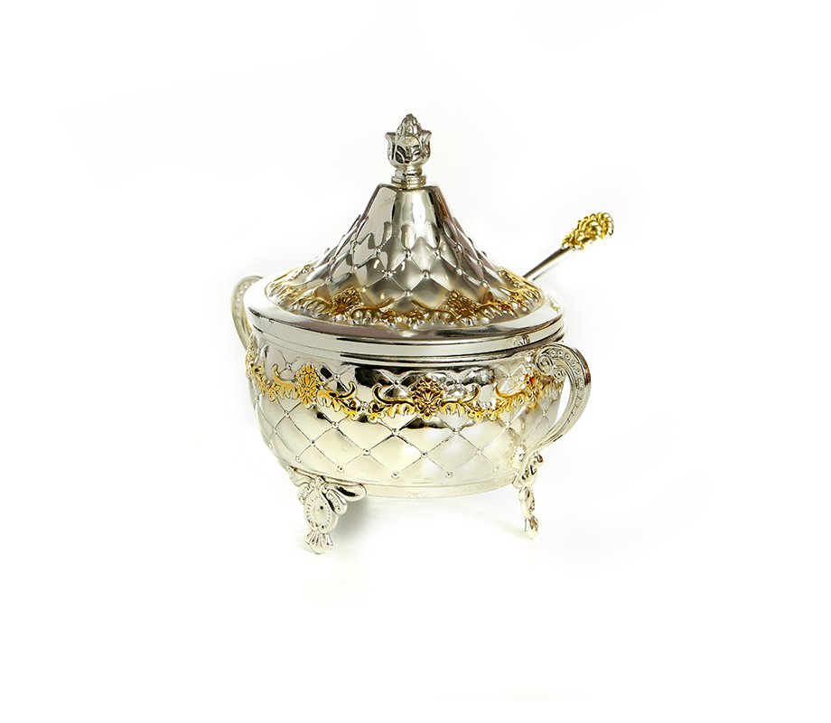 Decorative Honey Dish, Silver Plated with Gold Elements - Dome Lid and Teaspoon