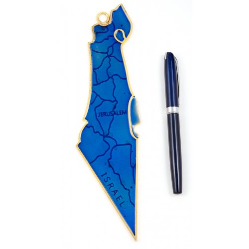 Decorative Map of Israel Wall Hanging, Enamel - Blue with Gold Frame