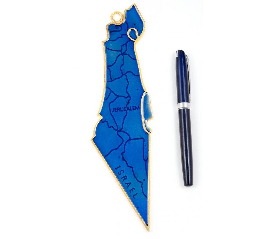 Decorative Map of Israel Wall Hanging, Enamel - Blue with Gold Frame
