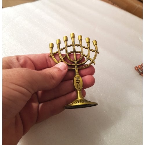 Decorative Mini 7 Branch Menorah with Fish Symbol, Gold - 4