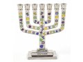 Decorative Mini 7-Branch Menorah, Silver with Colored Judaica Symbols - 3.9 Height