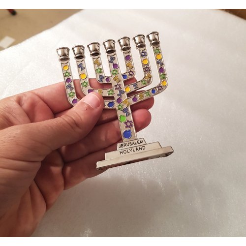Decorative Mini 7-Branch Menorah, Silver with Colored Judaica Symbols - 3.9 Height