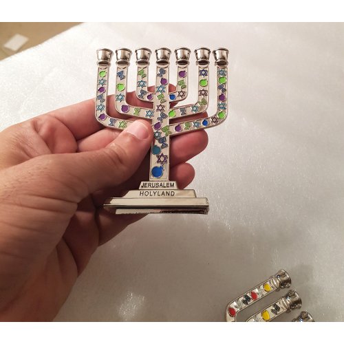 Decorative Mini 7-Branch Menorah with Colorful Judaic Symbols - 3.9